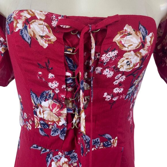 Band Of Gypsies Womens Red Floral Lace-Up Maxi Dress Off Shoulder Sz M - New - Picture 4 of 10